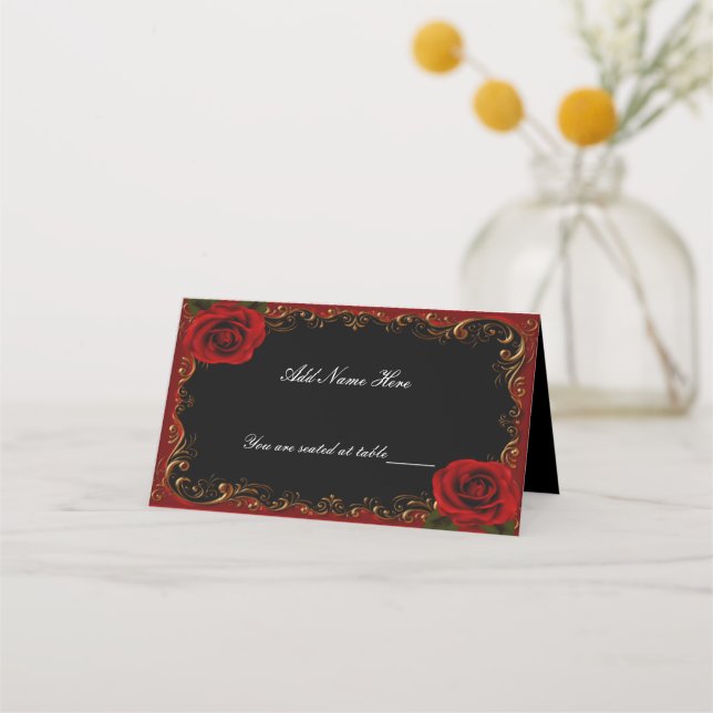 Elegant Goth Red Roses Table Place Card (Front)