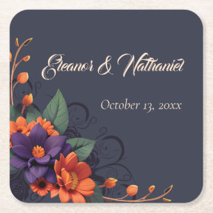 Elegant Gothic 3D Floral Minimalist Wedding Square Paper Coaster