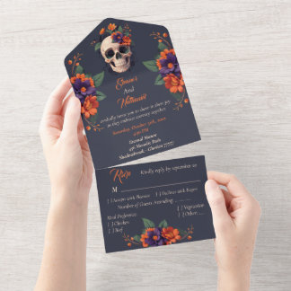 Elegant Gothic 3D Floral Skull wedding All In One Invitation