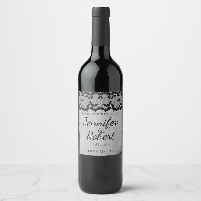 Elegant Gothic Bat Lace Posh Wedding Wine Label (Front)