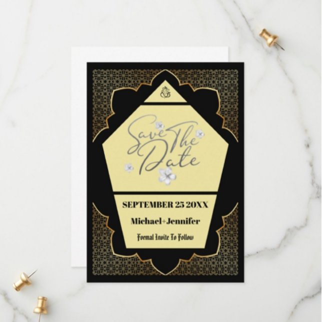 Elegant Gothic Black And Golden Save The Date Card (Creator Uploaded)