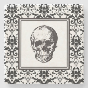 Elegant Gothic Black And White Skull Damask Stone Coaster