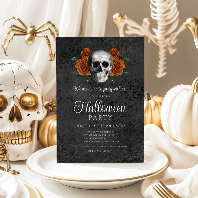Elegant Gothic Black Floral Skull Halloween Invitation (Elegant Gothic Black Floral Skull Halloween Invitation)
