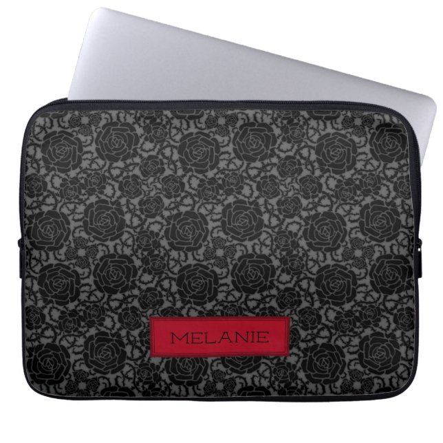 Elegant Gothic Black Rose Pattern Personalised Laptop Sleeve (Front)