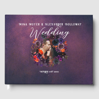 Elegant Gothic Dark Floral Purple Photo Wedding Guest Book