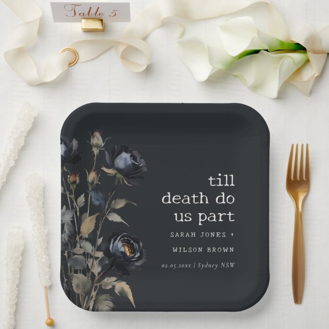 Elegant Gothic Dark Watercolor Black Rose Wedding Paper Plate (Wedding)