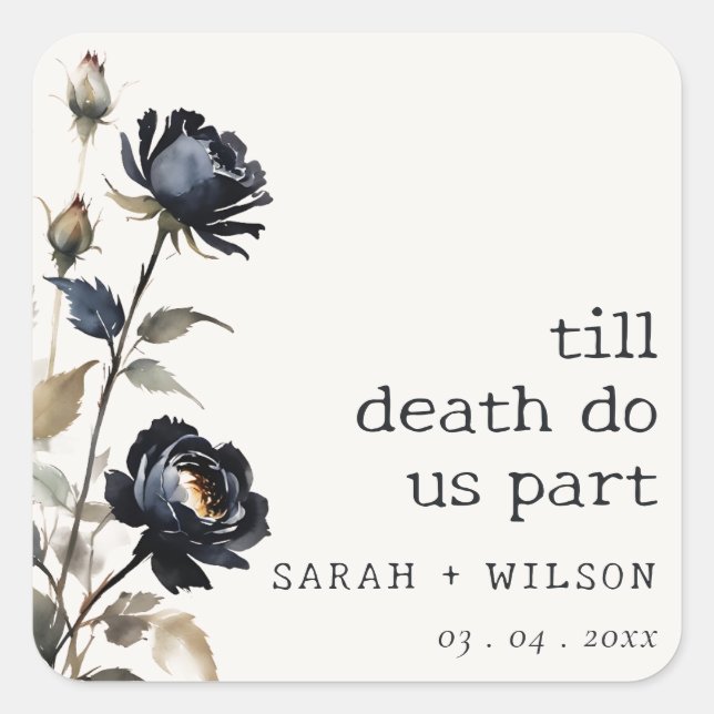 Elegant Gothic Dark Watercolor Black Rose Wedding Square Sticker (Front)