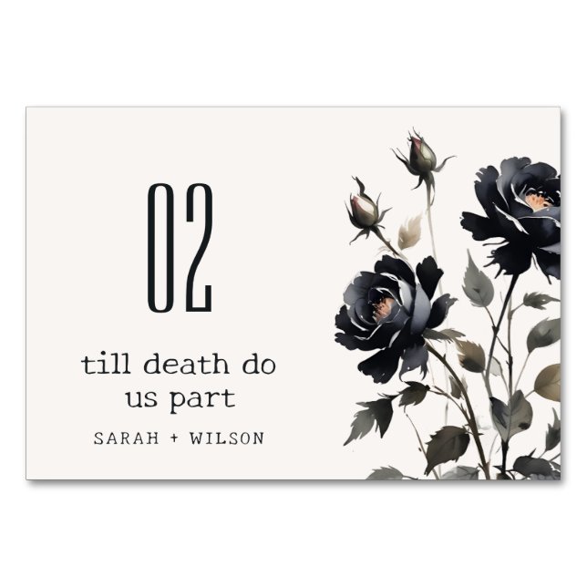 Elegant Gothic Dark Watercolor Black Rose Wedding Table Number (Front)