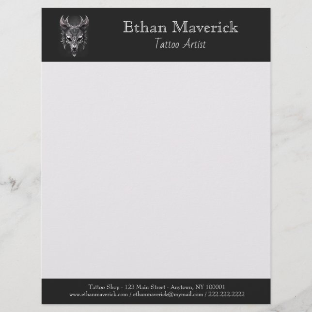Elegant Gothic Fantasy Wolf Skull Black and Silver Letterhead (Front)