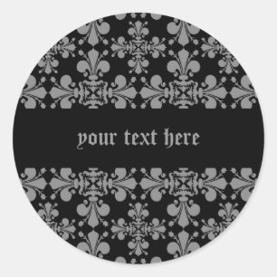 Elegant gothic fleur de lis damask black and grey classic round sticker