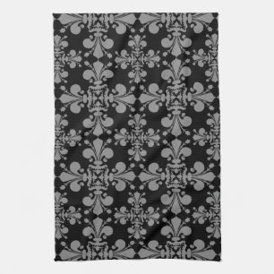 Elegant gothic fleur de lis damask black and grey kitchen towel