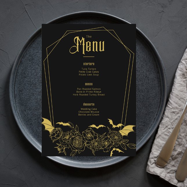 Elegant Gothic Floral Black Gold Wedding Menu (Creator Uploaded)