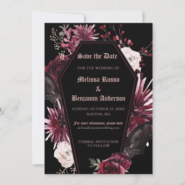 Elegant Gothic Floral Coffin Save The Date (Front)