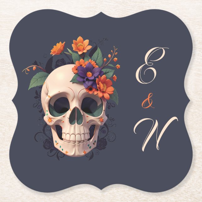 Elegant Gothic Floral Minimal Monogram Wedding  Paper Coaster (Front)