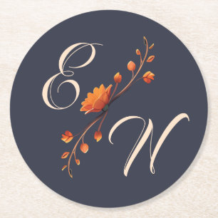 Elegant Gothic Floral Minimal Monogram Wedding Round Paper Coaster