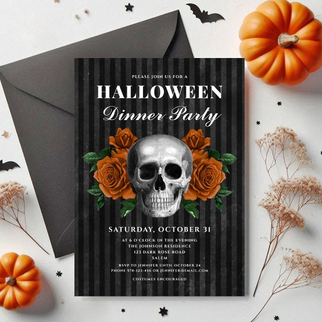 Elegant Gothic Floral Skull Dinner Party Halloween Invitation (Elegant Gothic Floral Skull Dinner Party Halloween Invitation)