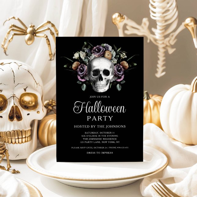 Elegant Gothic Floral Skull Halloween Invitation (Elegant Gothic Floral Skull Halloween Invitation)