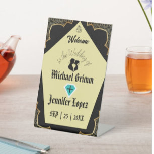 Elegant Gothic Golden Black Personalized Wedding Pedestal Sign