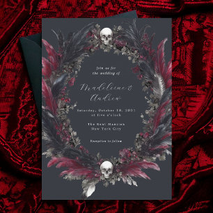 Elegant Gothic Grey Red Feather Wreath Wedding Invitation