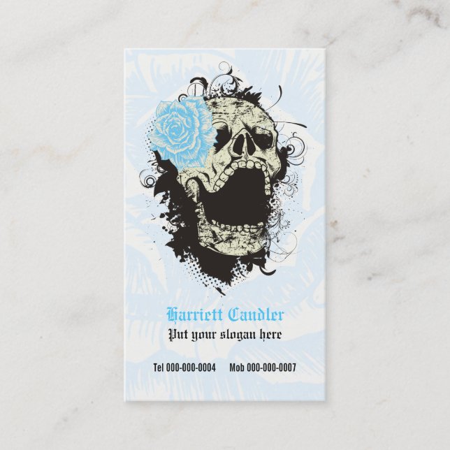 Elegant gothic grunge skull & blue rose custom business card (Front)