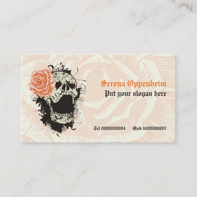 Elegant gothic grunge skull & orange rose custom business card (Front)