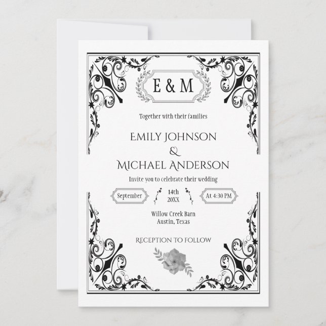 Elegant Gothic Monogram Black and White Wedding  Invitation (Front)