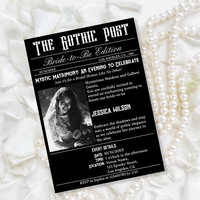 Elegant Gothic Newspaper Photo Bridal Shower Invitation (black gothic newspaper)