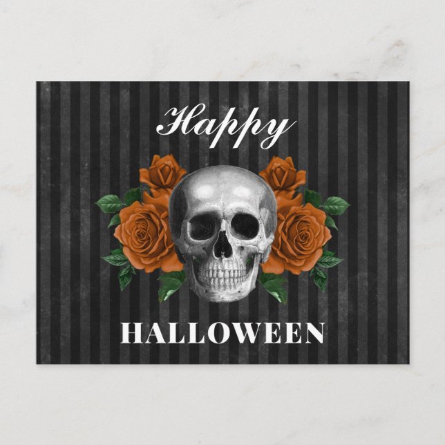 Elegant Gothic Orange Floral Skull Happy Halloween Postcard (Front)
