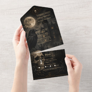 Elegant Gothic Raven Skull Wedding   All In One Invitation