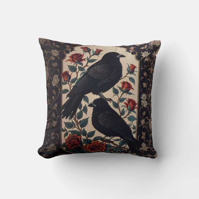 Elegant Gothic Ravens With Roses  Throw Pillow (Front)