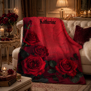 Elegant Gothic Red Roses Custom Name Fleece Blanket