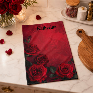 Elegant Gothic Red Roses Custom Name Kitchen Towel