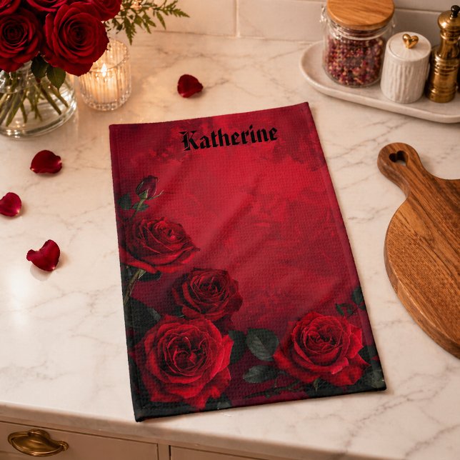 Elegant Gothic Red Roses Custom Name Kitchen Towel (Creator Uploaded)