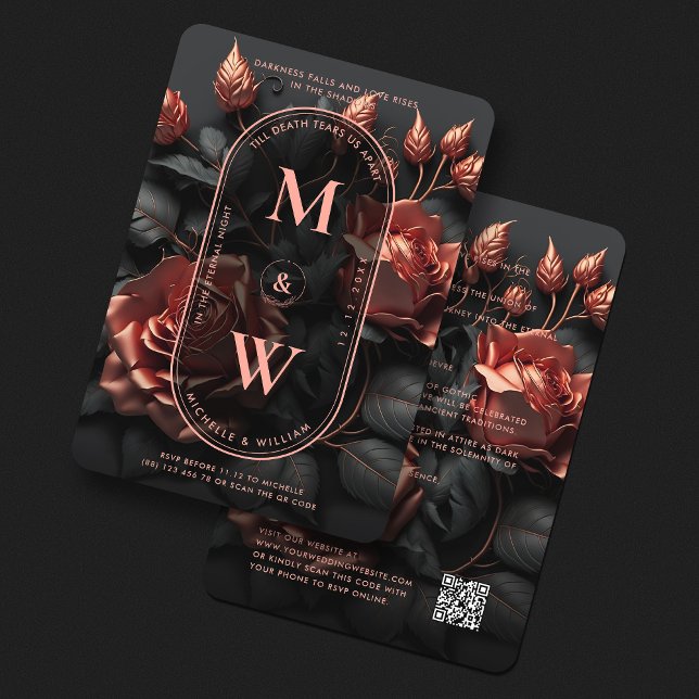 Elegant Gothic Rosegold Black Rustic Boho Wedding  Invitation (Elegant Gothic Rosegold Pink Floral Boho Wedding Invitation
)