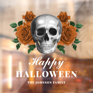 Elegant Gothic Roses & Skull Happy Halloween Window Cling