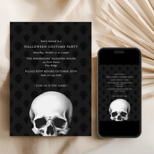 Elegant Gothic Skull Black Damask Halloween Party