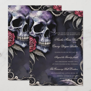 Elegant Gothic Skull & Red Roses Wedding Invitation