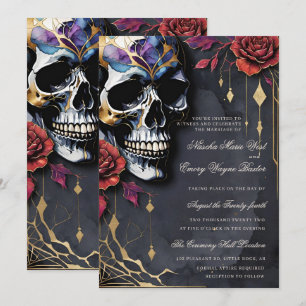 Elegant Gothic Skull & Red Roses Wedding Invitation