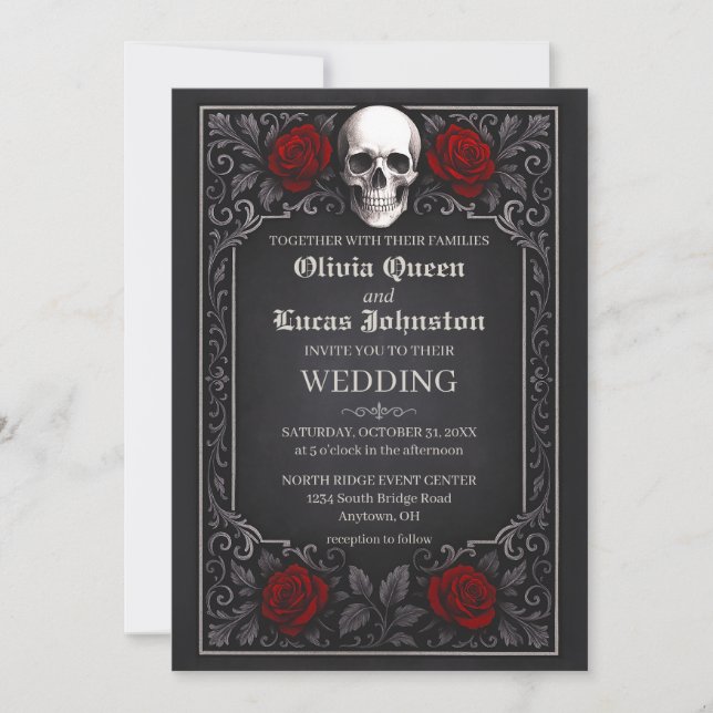 Elegant Gothic Skull & Roses Wedding Invitation    (Front)