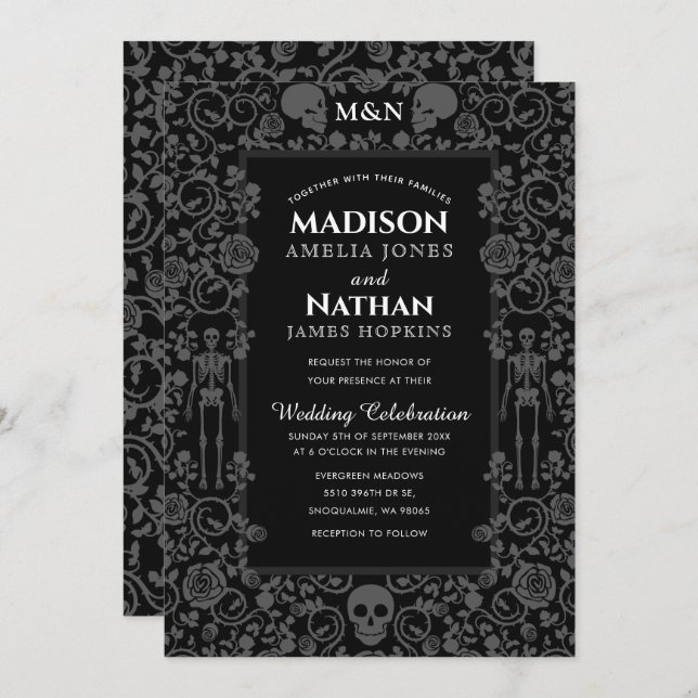 Elegant Gothic Victorian Grey & Black Wedding Invitation (Front/Back)