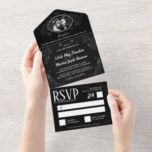 Elegant Gothic Wedding Skeletons Black & White All In One Invitation
