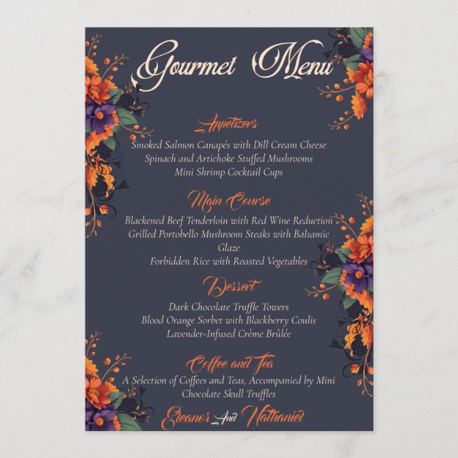 Élégant Gothique 3D Floral Skull menu gourmet (Devant)