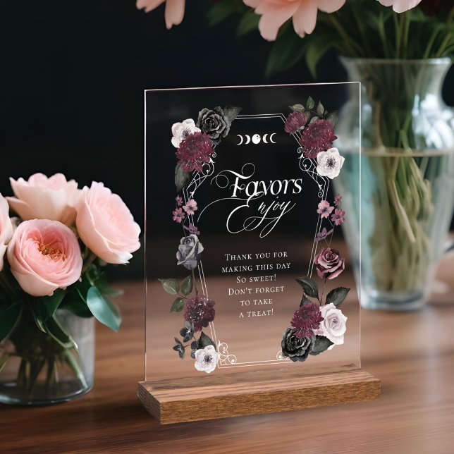 Elégant Gothique Noir Aquarelle Favoris Floraux (Elegant Gothic Black Watercolor Floral Favors Acrylic Sign)
