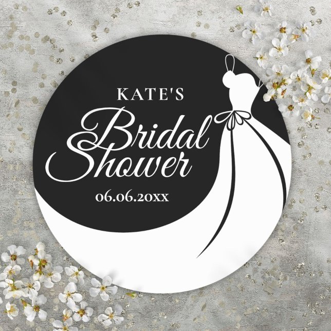 Elegant Gown Black And White Bridal Shower Favour Classic Round Sticker (Elegant Gown Black And White Bridal Shower Favor Classic Round Sticker)