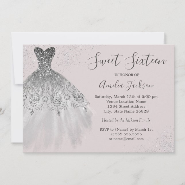Elégant Gown Dusty Sweet sixteen rose Invitation (Devant)