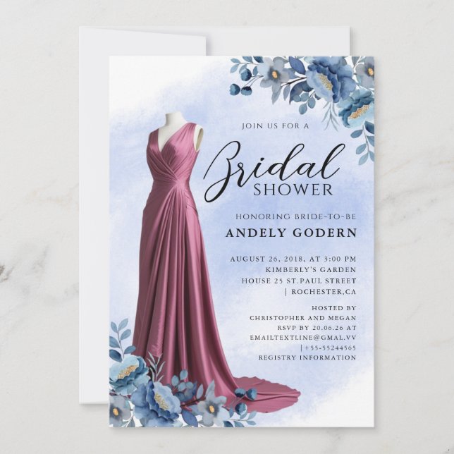 Elegant Gown Illustration with  Bridal Shower Invitation (Front)