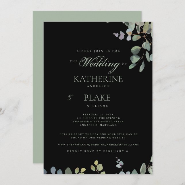 Elegant Grace Black Eucalyptus Website Wedding Invitation (Front/Back)