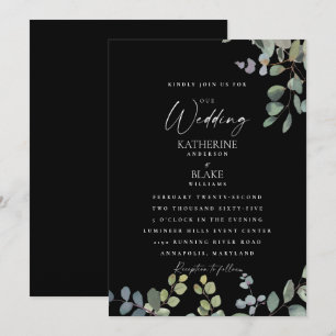 Elegant Grace Wedding All Black Eucalyptus Invitation