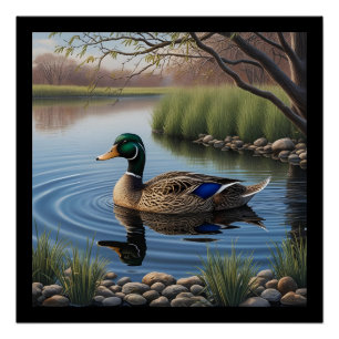 Elegant Graceful Mallard On Tranquil Country Pond Poster