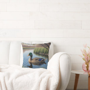 Elegant Graceful Mallard On Tranquil Country Pond Throw Pillow